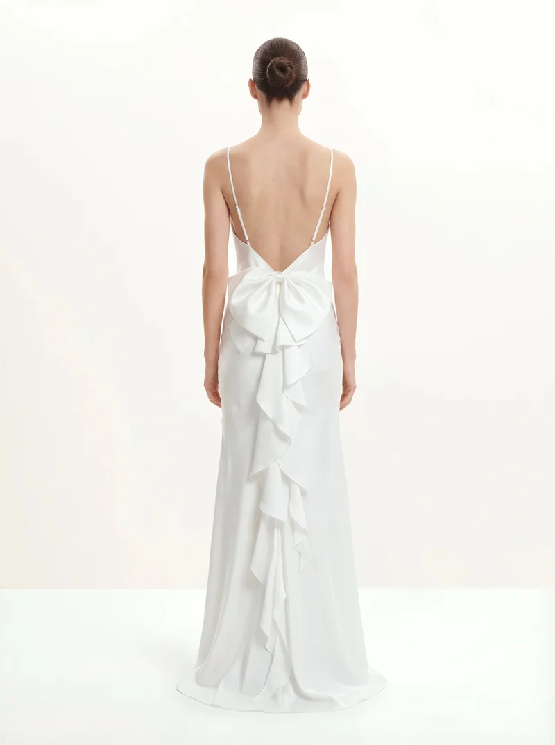 Satin Robe longue à col bénitier et nœud au dos - Blanc
