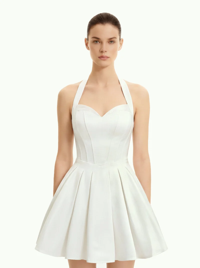 Mini-robe bustier plissée à col halter - Blanc