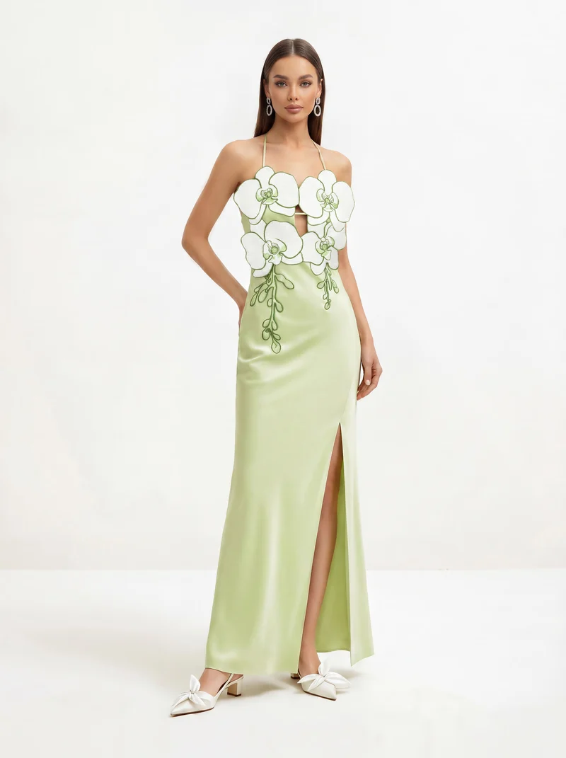 Robe Brodée Orchidée - Vert Clair/Ivoire