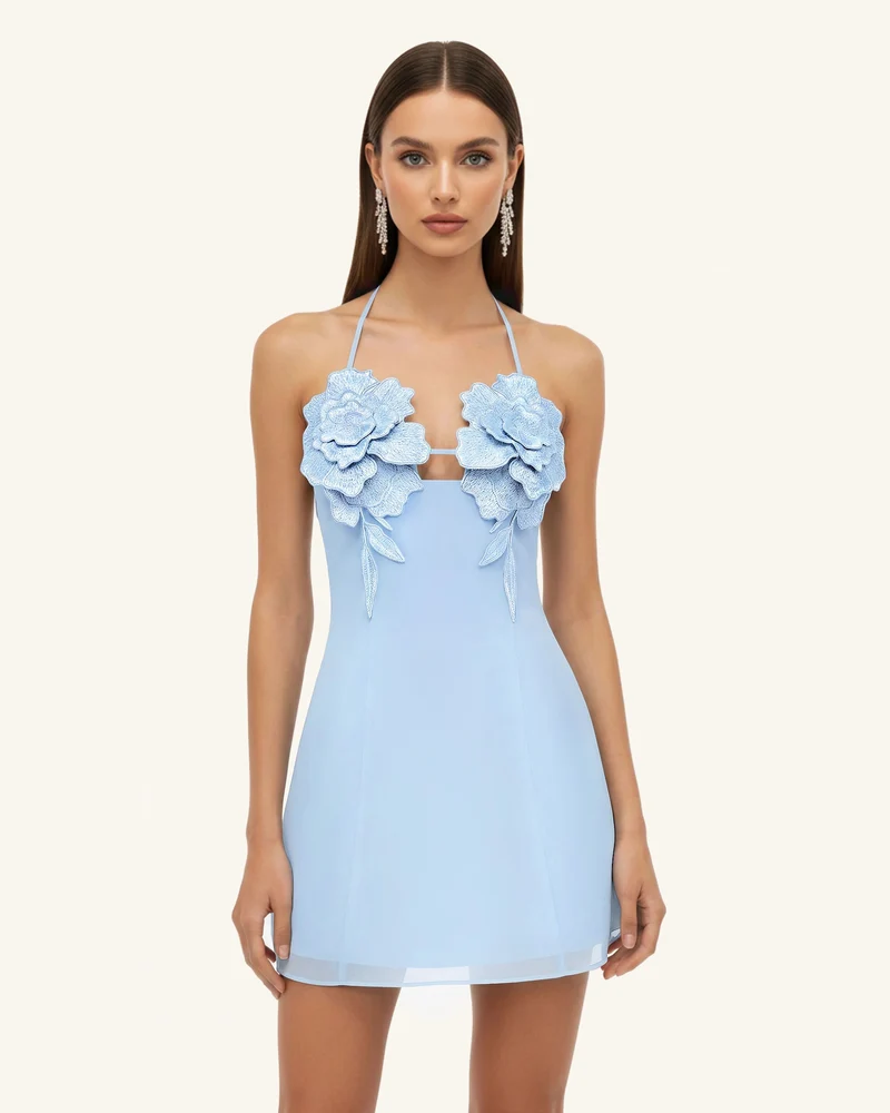 Mini-Robe Brodée de Fleurs - Bleu