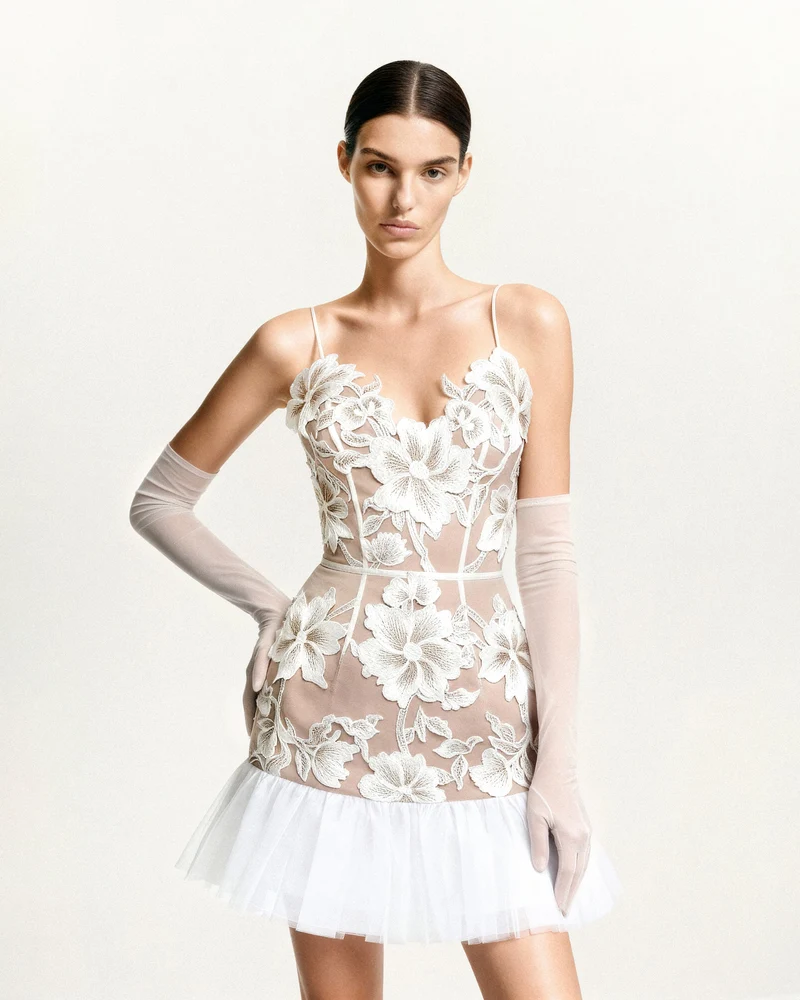 Robe Mini Fleurie à Bretelles - Blanc