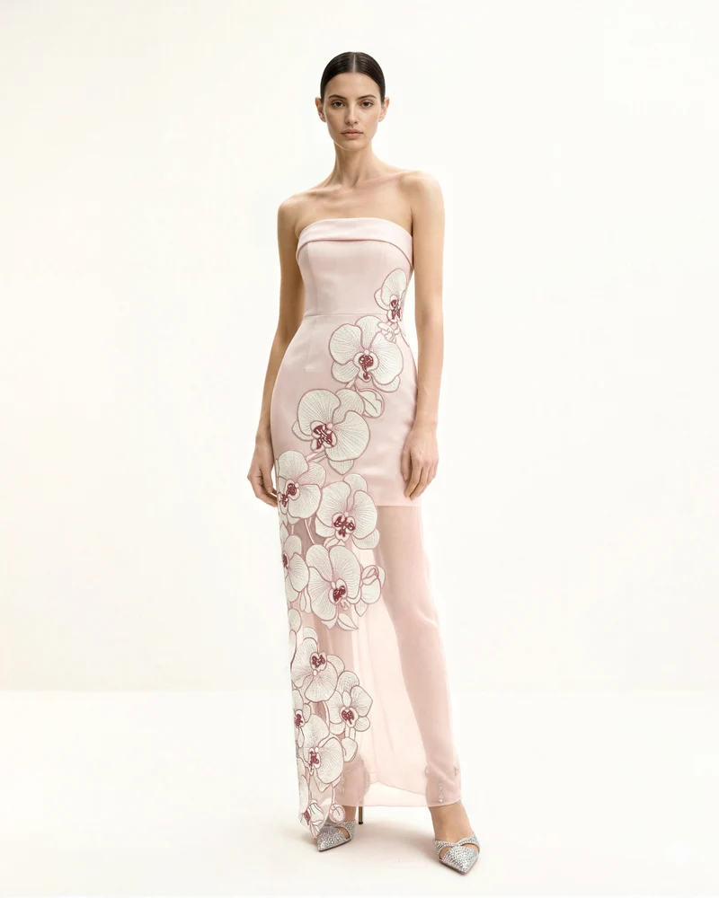 Robe brodée d'orchidée - Rose
