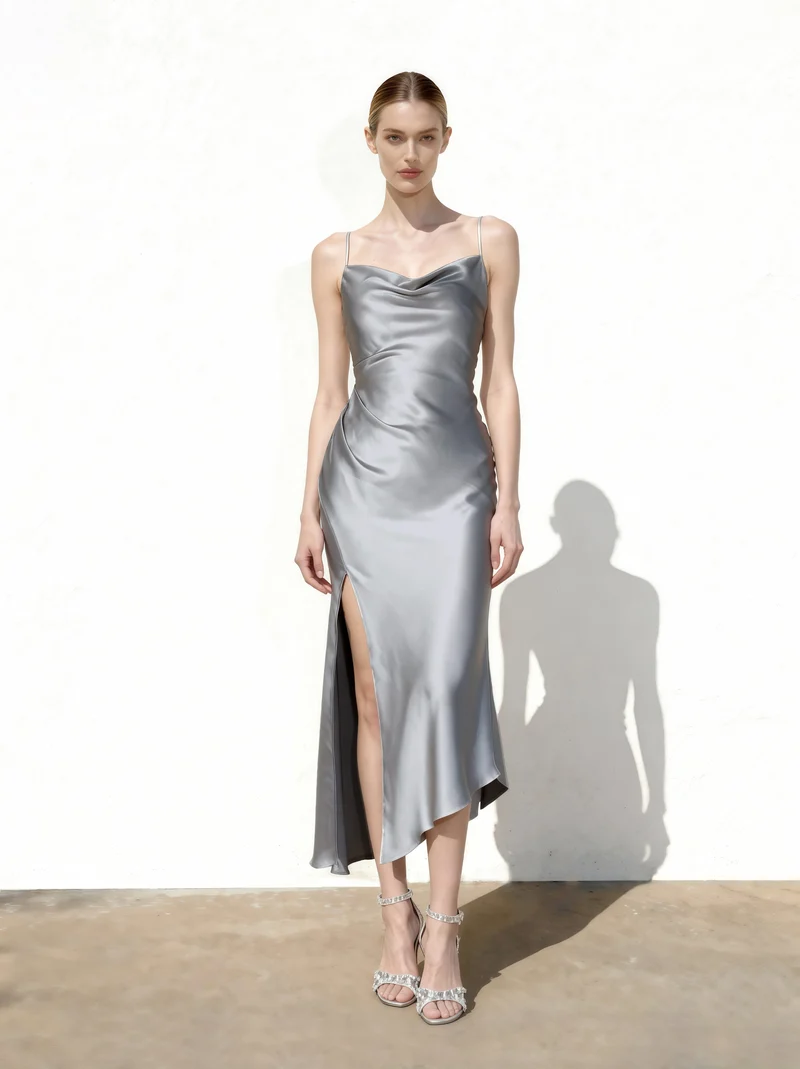 Robe longue en satin fluide à col bénitier et fente - Argenté