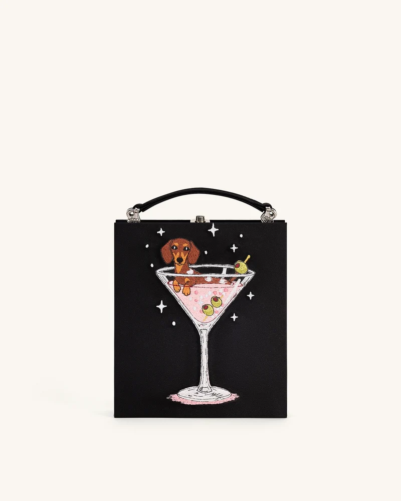 Taya Pochette forme livre à motif chiot et verre de vin - Noir