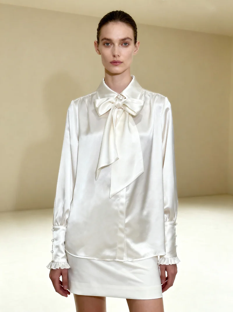 Blouse à manches ballon et lien à nouer – Blanc