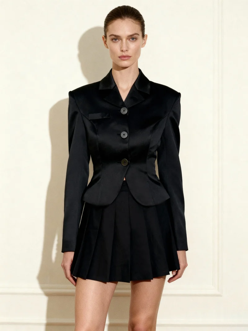 Blazer court en satin à taille sculptée – Noir