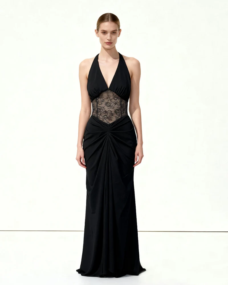 Robe longue froncée à empiècement en dentelle - Noir