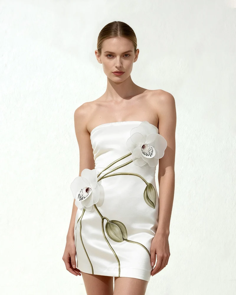 Robe bustier à appliqué orchidée - Blanc