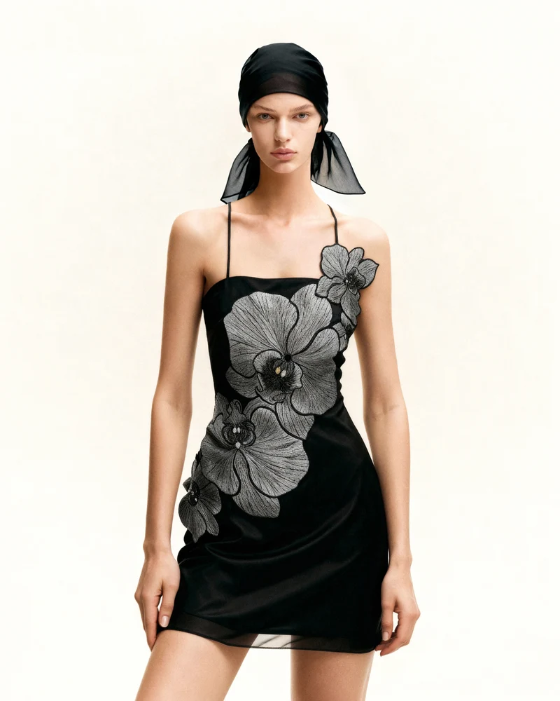 Robe courte à appliqués orchidée - Noir/Argent