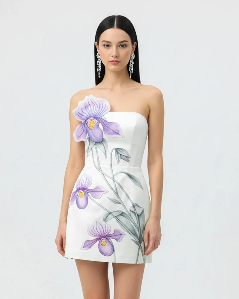 Robe courte à appliqué d'orchidée sabot - Blanc
