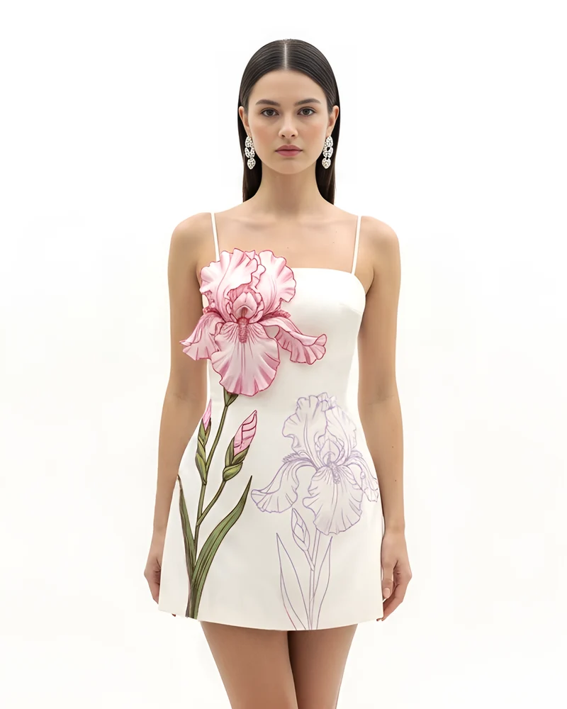 Robe courte à appliqué d'iris - Blanc