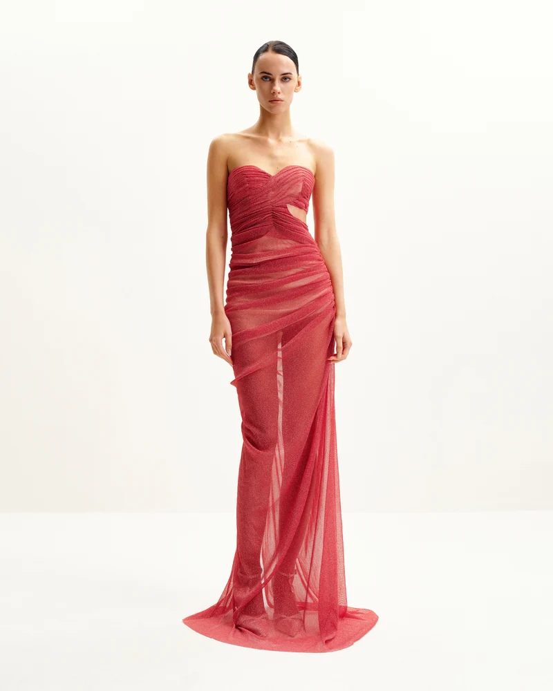 Robe Transparente à Paillettes Sans Bretelles Mia - Écarlate