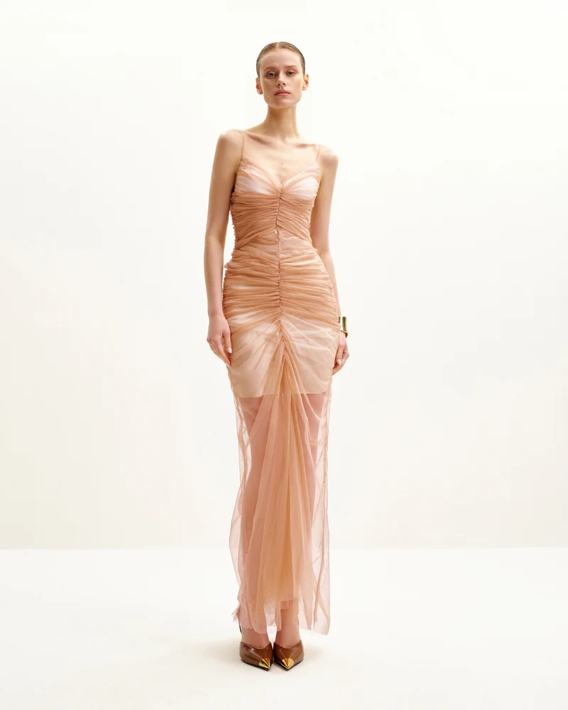Robe de Soirée Drapée en Maille Piper - Cannelle