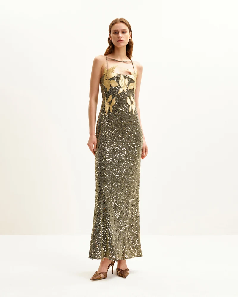 Robe Araminta Pailletée avec Détails Floraux - Dorée