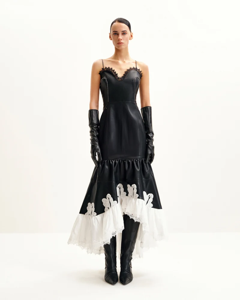 Robe en cuir Zora avec bordure en dentelle - Noir