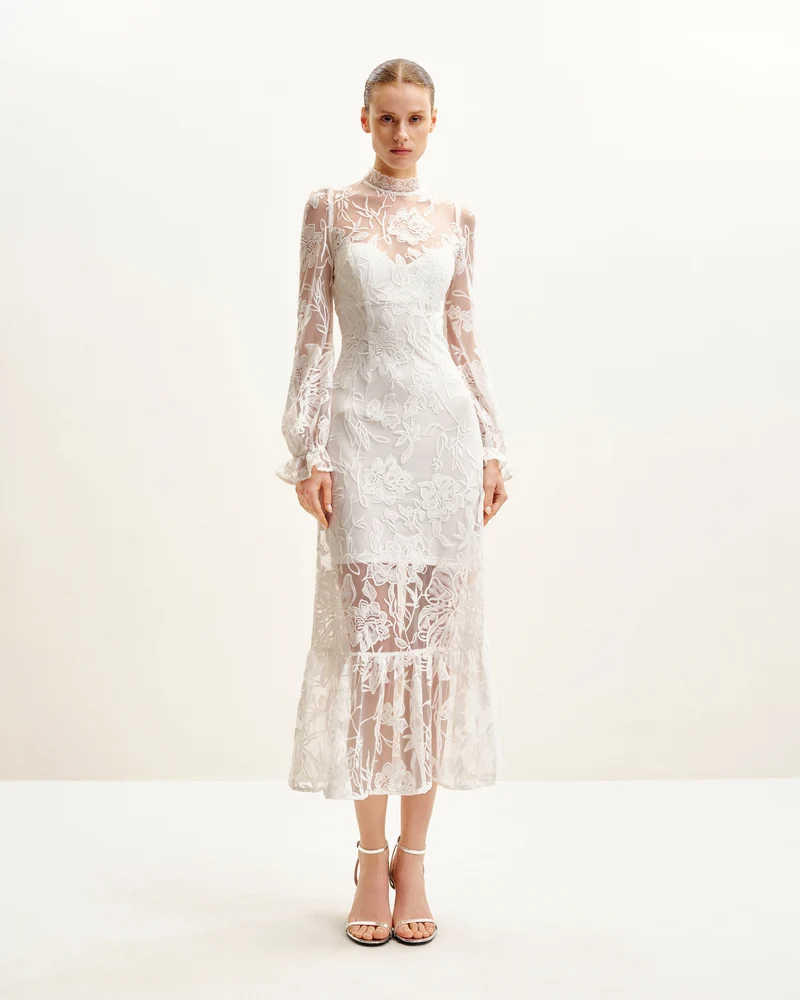 Robe midi élégante en dentelle - Blanche