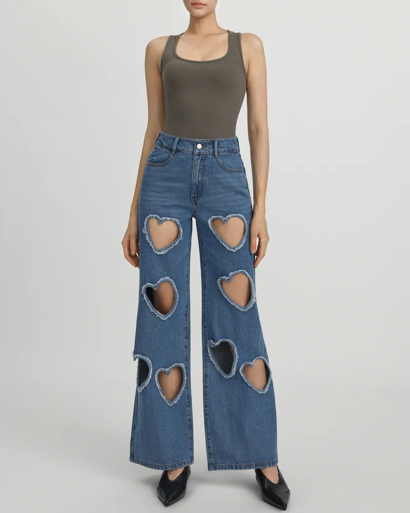 Jean en Denim Sophia avec Découpe en Forme de Cœur Ornée - Bleu Moyen