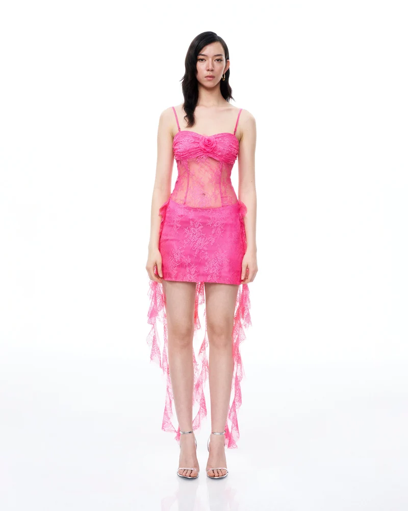Robe mini en dentelle florale 3D Selene – Rose