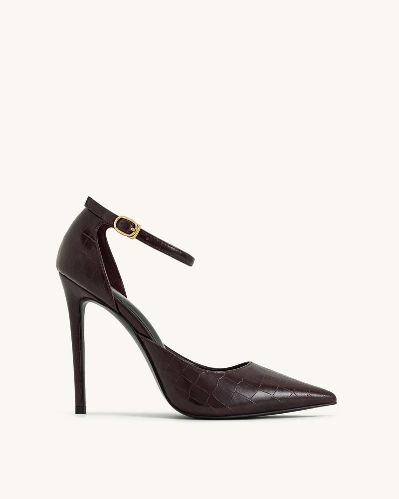 Sandales à talons Leah avec bride à la cheville et effet croco – Bordeaux