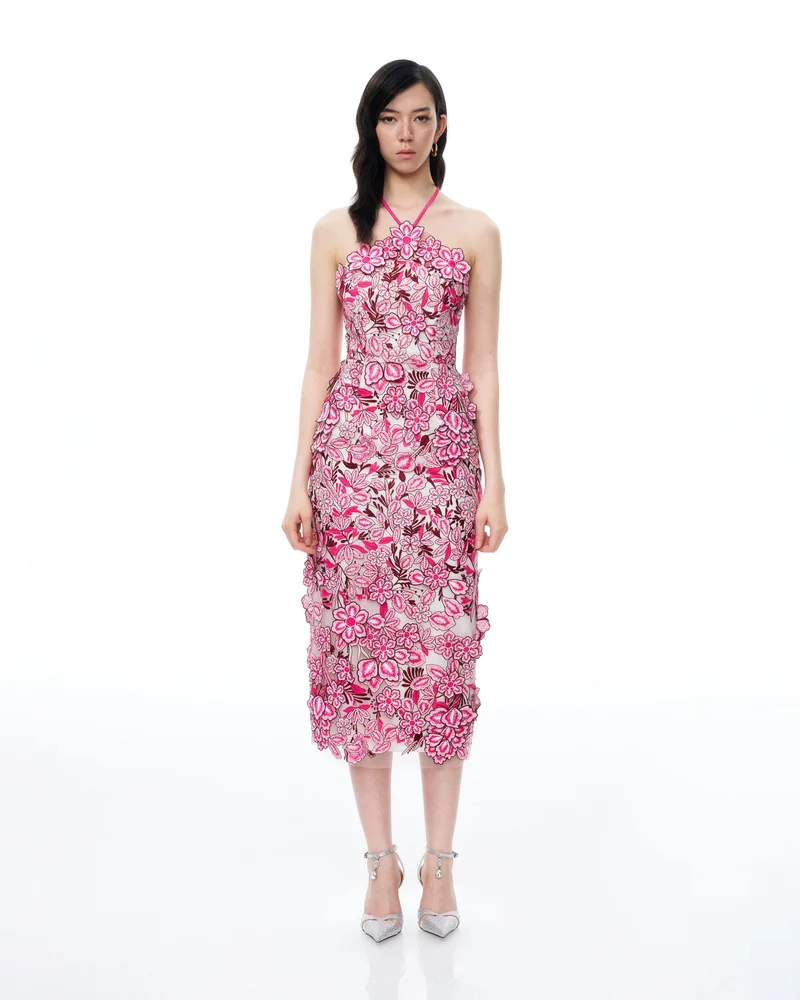 Robe longue dos nu brodée à fleurs Fiora – Rouge rosé