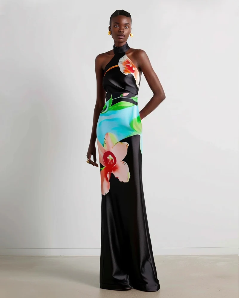 Robe dos nu en satin à fleurs – Noir multicolore