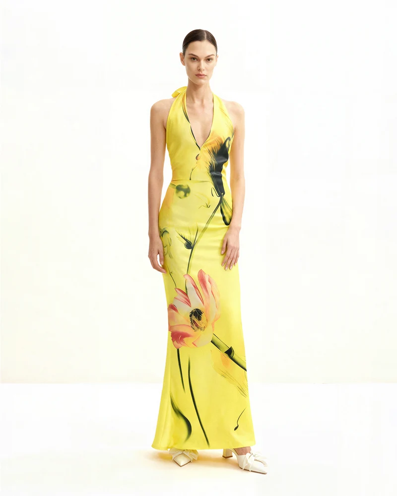 Robe dos nu en satin à fleurs – Jaune/ rose