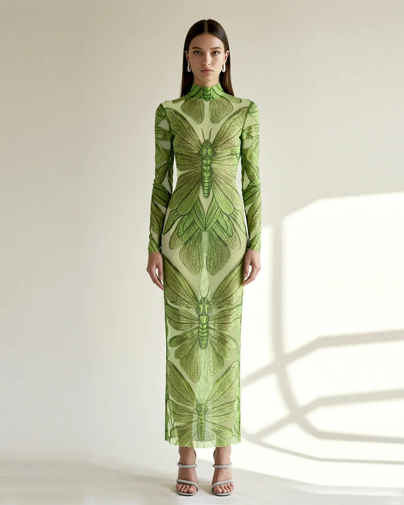 Robe en tulle transparent motif libellule – Vert