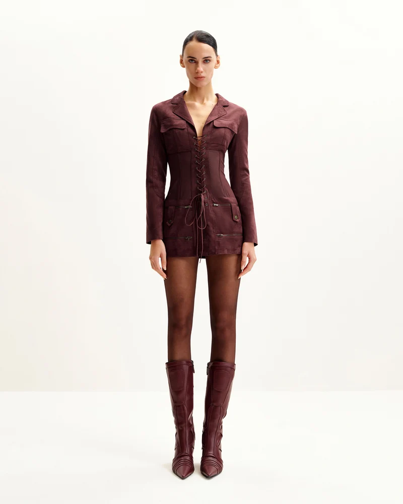 Robe courte avec veste corset en suédine - Bordeaux