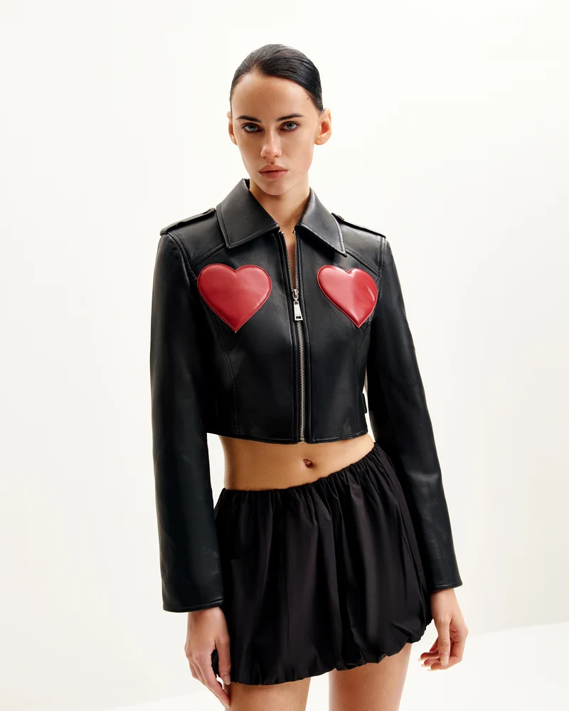 Veste en Cuir Coupée Sophie - Noir & Rouge